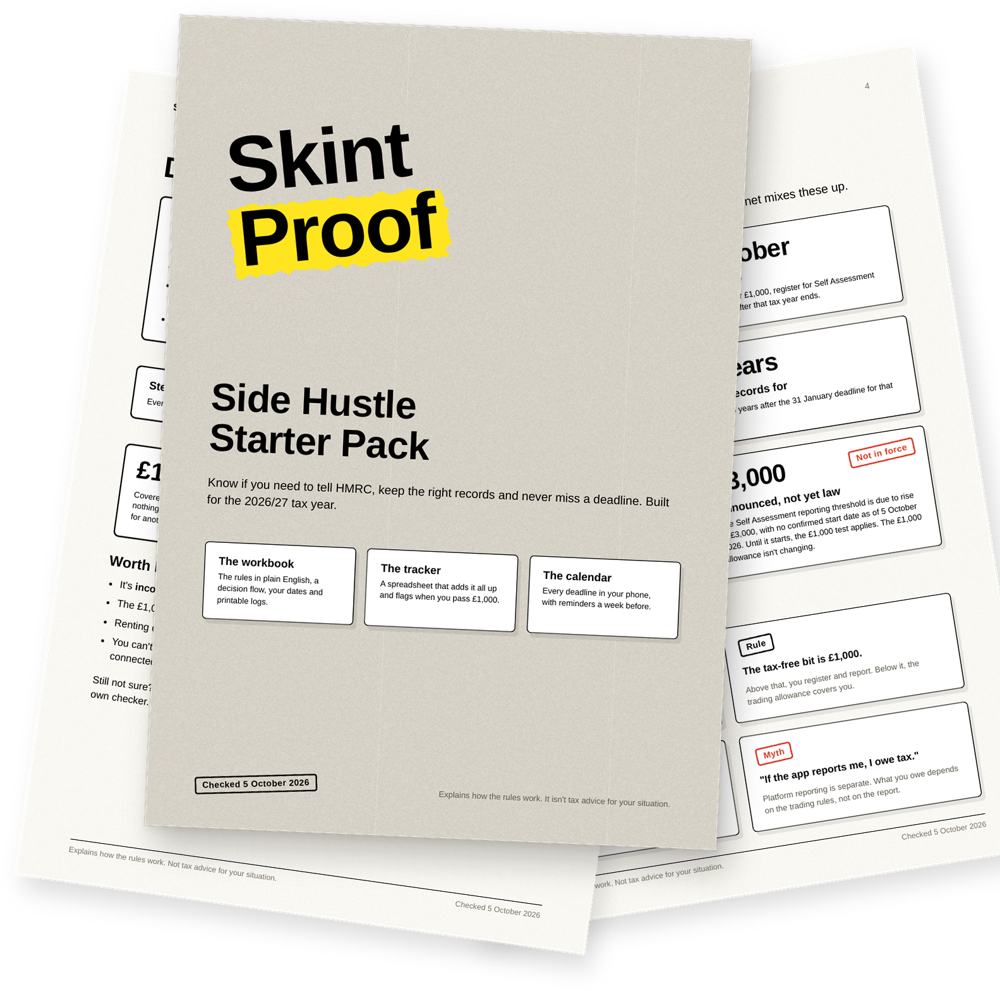 The Skint Proof Side Hustle Starter Pack workbook, fanned out